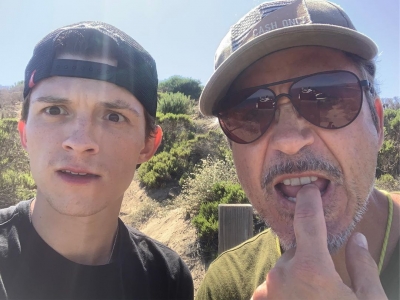 Hollywood actors Robert Downey Jr. and Tom Holland -- the mentor-mentee duo of superhero films such as 