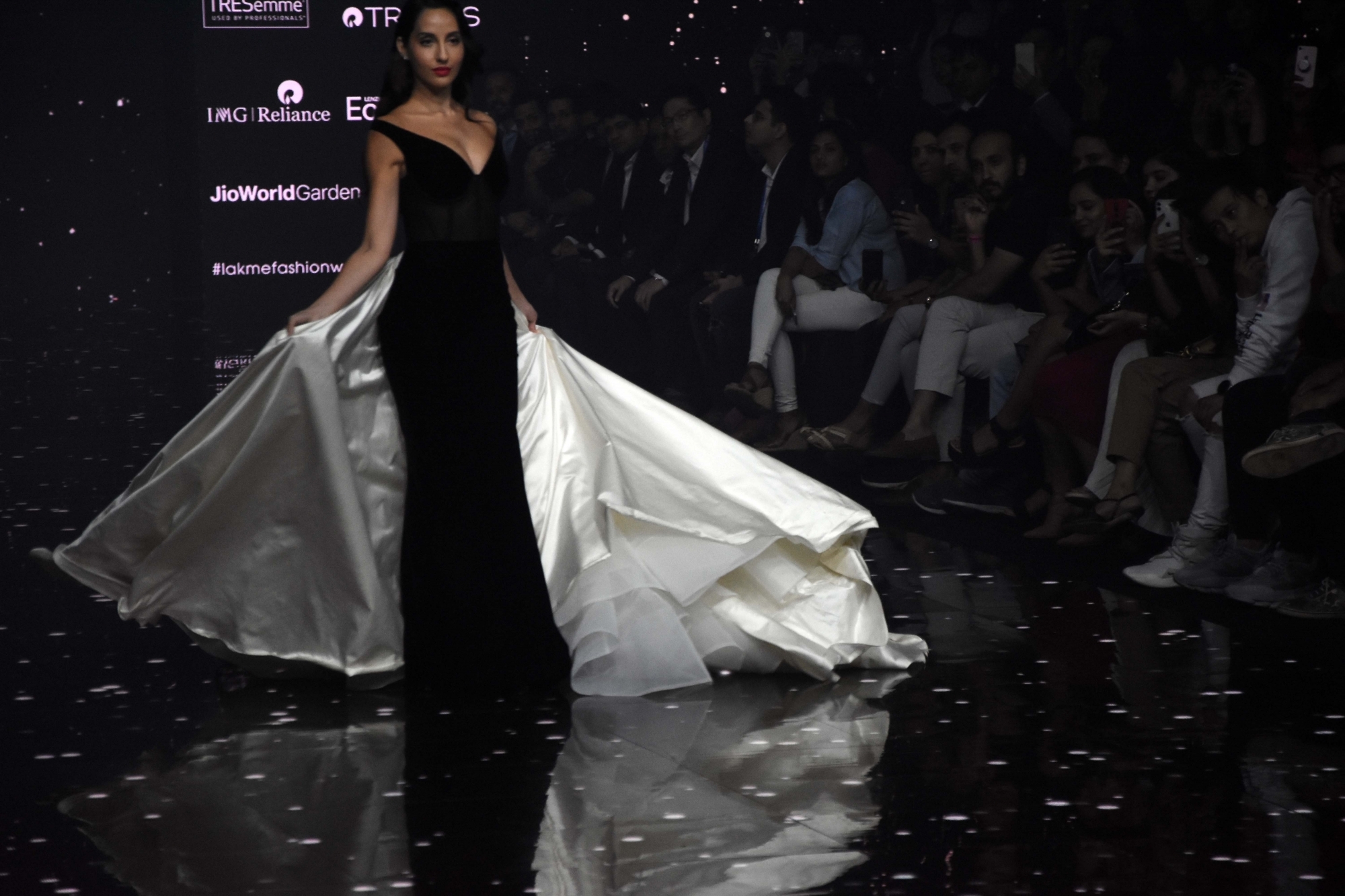 Mumbai: Actress Nora Fatehi showcases the creation of Fashion designer Gaurangi & Nainika at the Lakme Fashion Week Summer/Resort 2020, in Mumbai on Feb 14, 2020. (Photo: IANS)