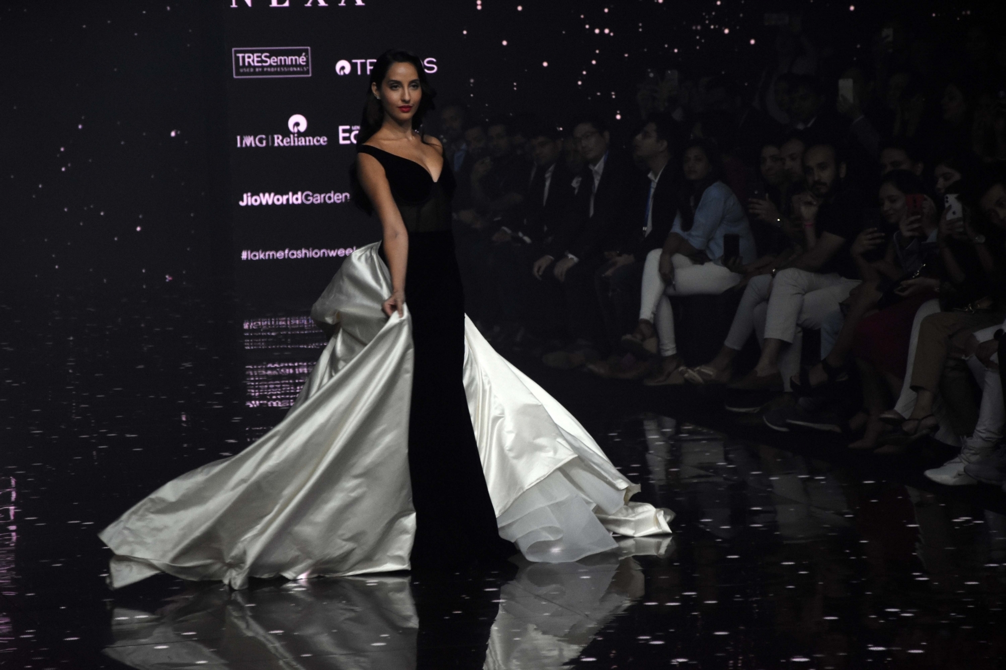 Mumbai: Actress Nora Fatehi showcases the creation of Fashion designer Gaurangi & Nainika at the Lakme Fashion Week Summer/Resort 2020, in Mumbai on Feb 14, 2020. (Photo: IANS)