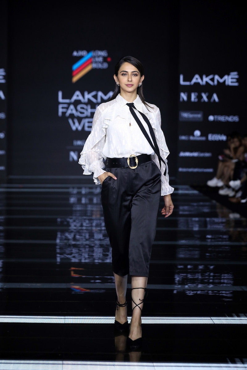 Mumbai: Actress Rakul Preet Singh showcases the creation of Ajio on Day 2 of the Lakme Fashion Week Summer/Resort 2020, in Mumbai on Feb 12, 2020. (Photo: IANS)