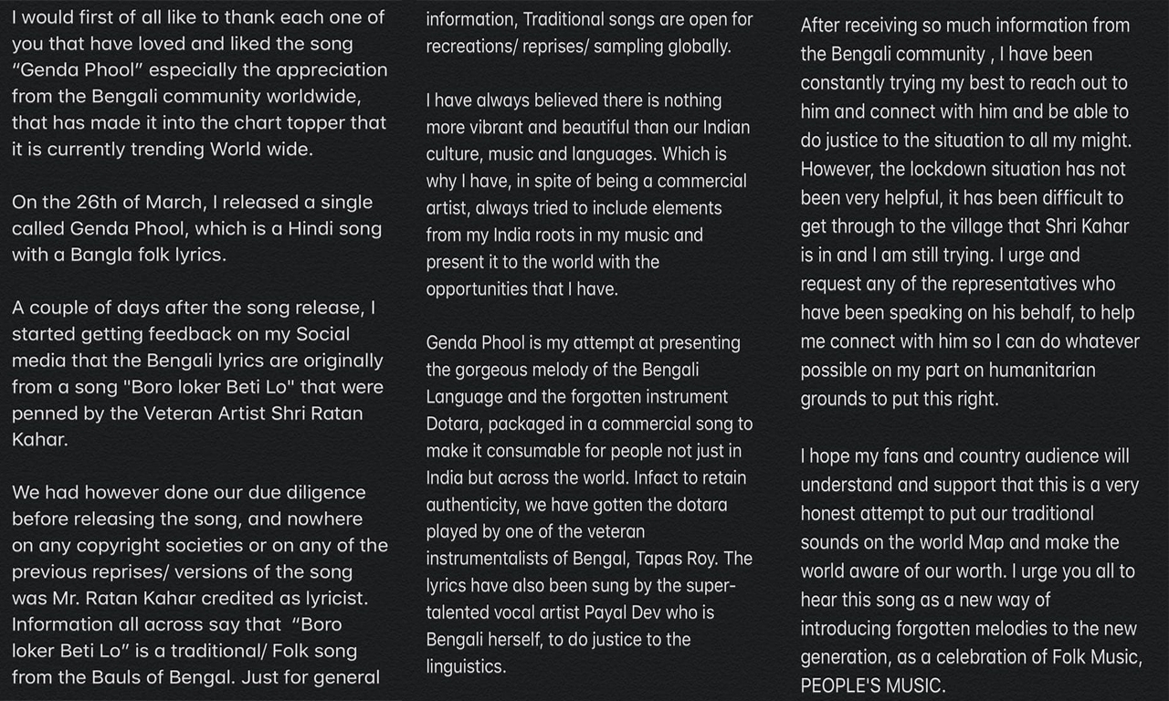 Badshah's statement on his song 'Genda Phool'.