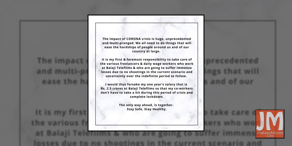 COVID-19: Ekta Kapoor gives up one-year salary of 2.5cr for employees.