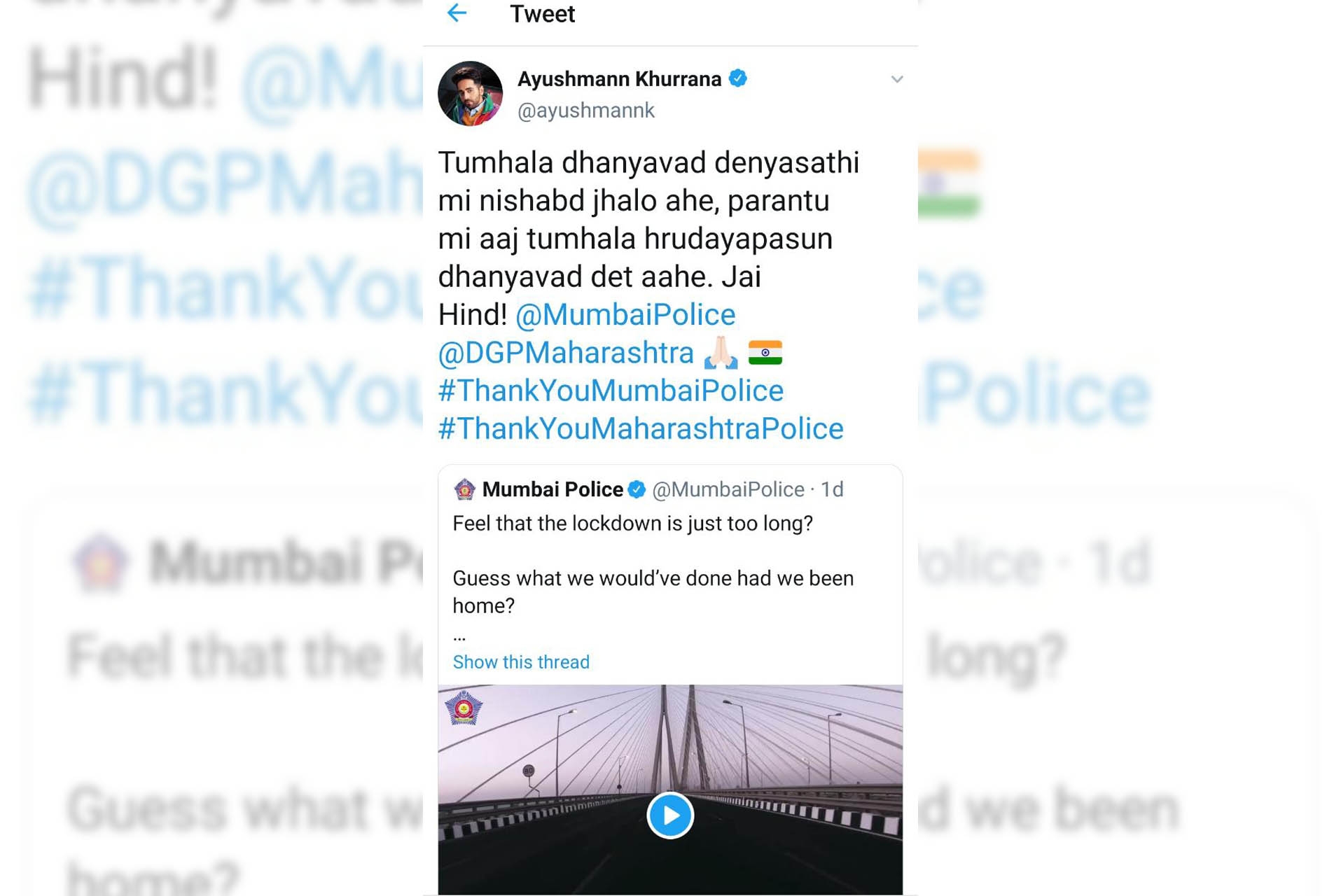 Ayushmann thanks Mumbai police.