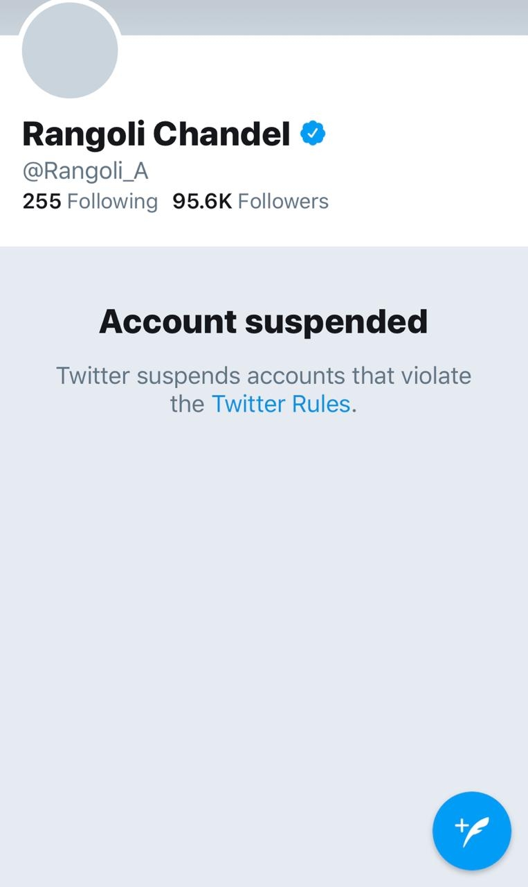 Rangoli Chandelâ€™s Twitter handle suspended.