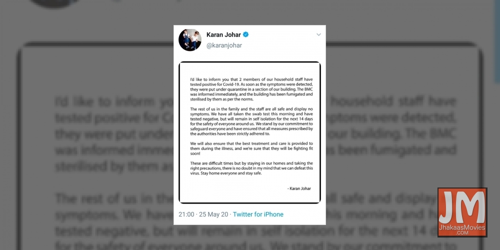 Photos for Karan Johar on self-isolation after two household staff test COVID-19 positive.