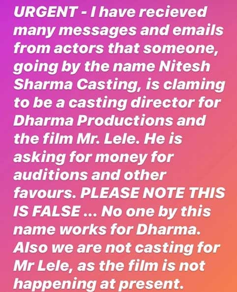 Shashank Khaitan warns against fake casting calls for 'Mr Lele'.
