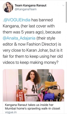 Kangana accuses top stylist of making money with her pics despite banning her from magazine.