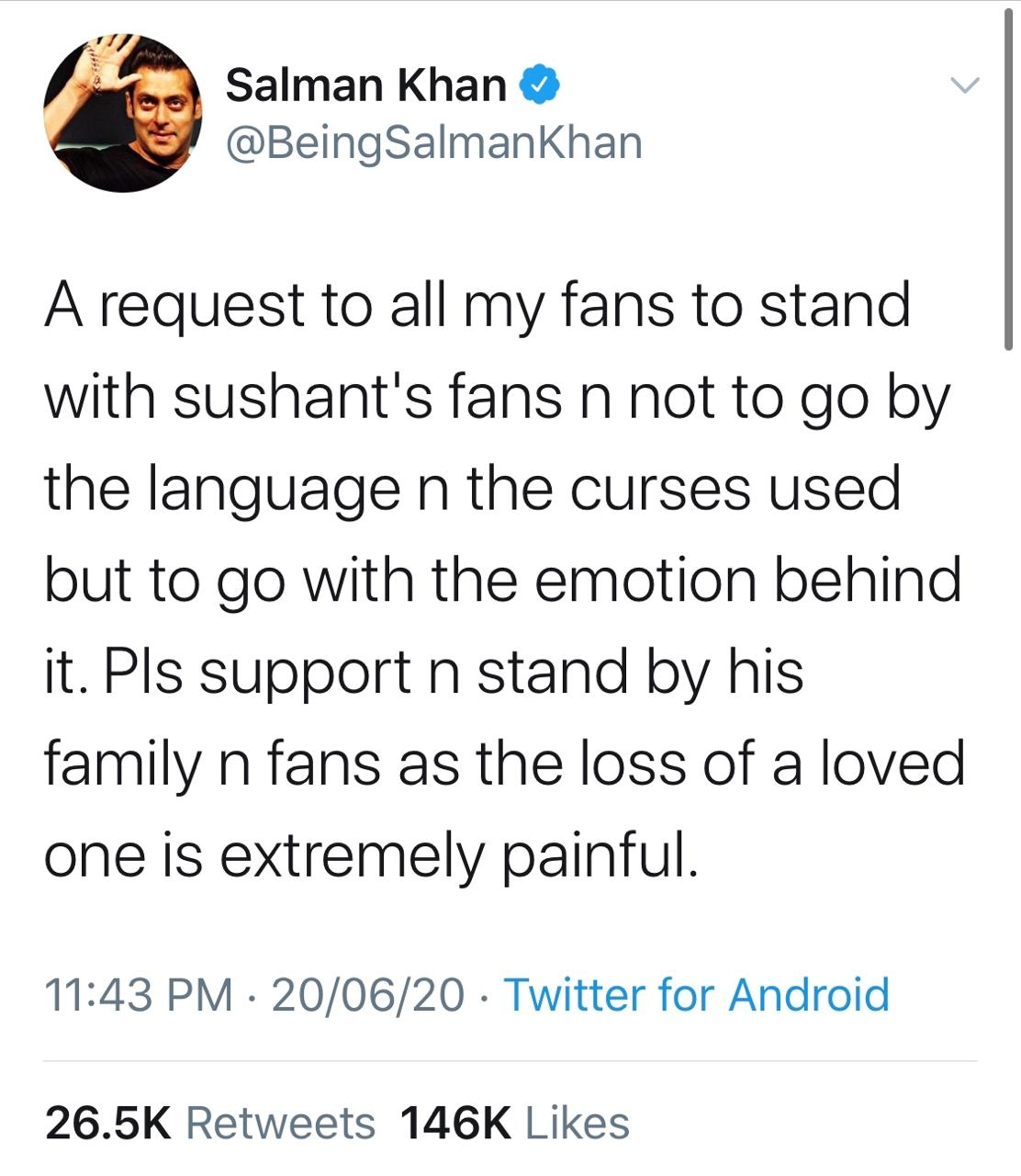 Salman requests fans to stand with Sushant Singh Rajputâ€™s  family, fans.