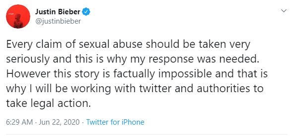 Justin Bieber refutes sexual allegation claims.