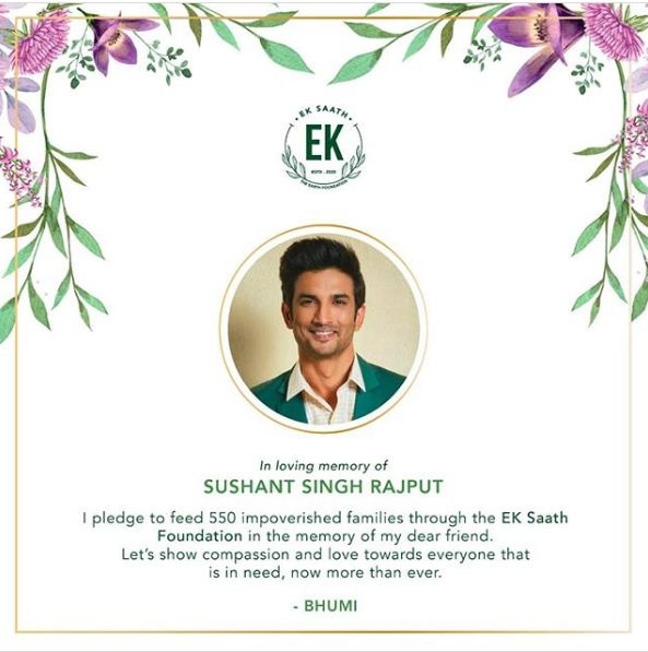 Bhumi to feed 550 impoverished families as tribute to Sushant Singh Rajput.