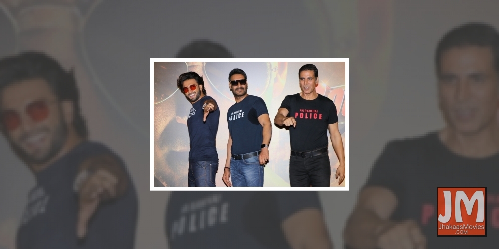 Mumbai: Actors Ranveer Singh, Ajay Devgn and Akshay Kumar at the trailer launch of their upcoming film 