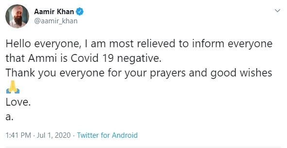 Aamir Khan's mother tests COVID negative.