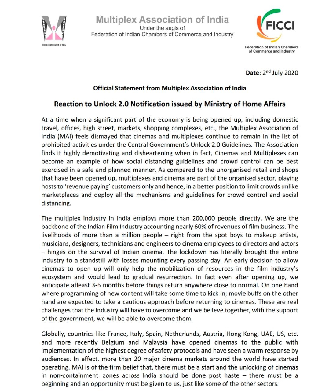 Multiplex body unhappy with govt decision to keep theatres shut amid Unlock 2.0.