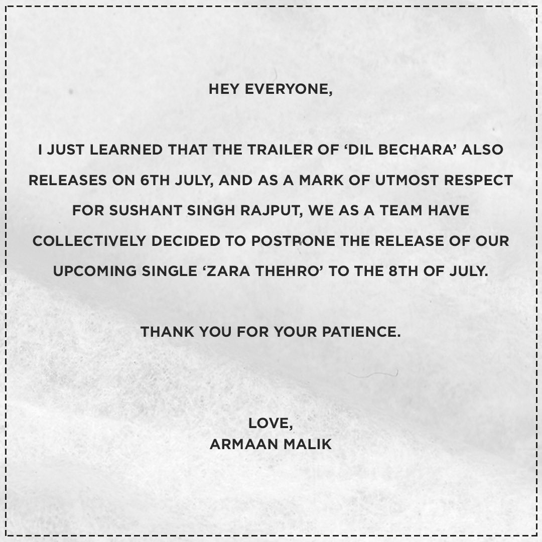 Armaan Malik postpones song release as mark of respect for Sushant.