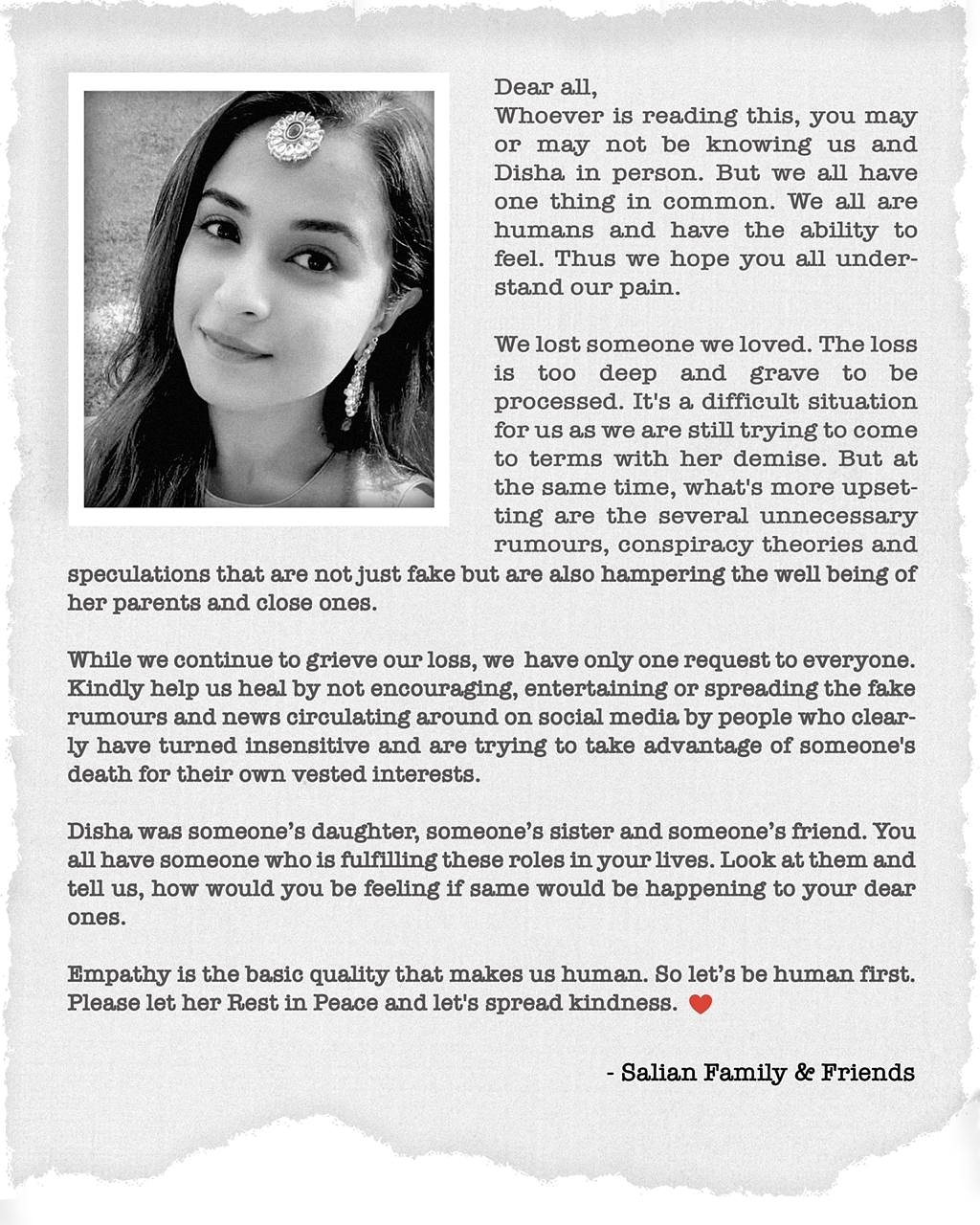 Family of Sushant Singh Rajput's manager Disha Salian requests to stop rumours.