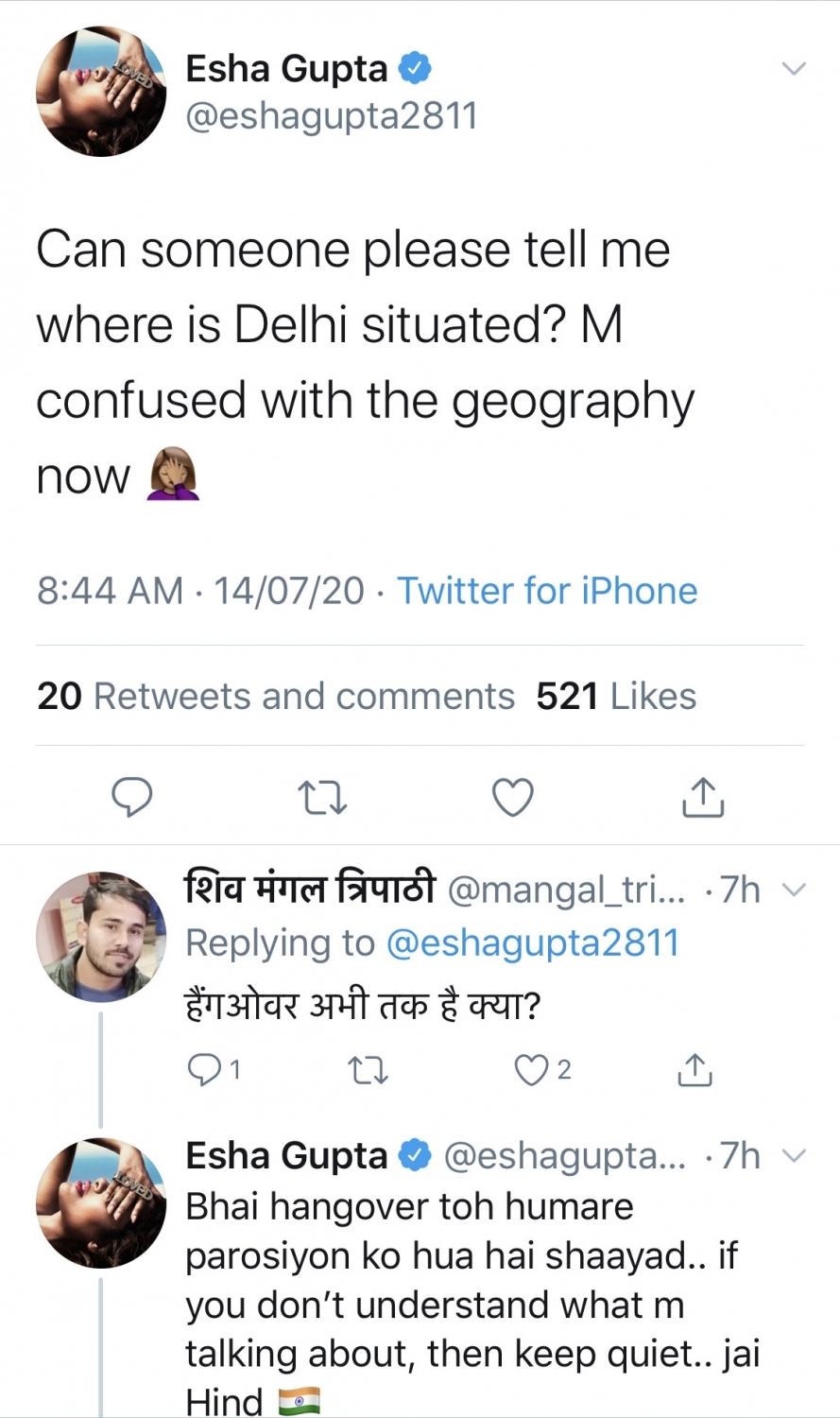 Esha Gupta is having trouble with geography.