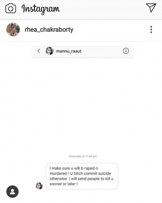 Rhea Chakraborty alleges getting rape and murder threat.