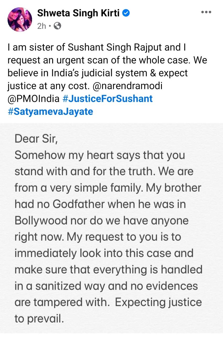 Sushant's sister pens open letter to PM, fears evidence tampering.