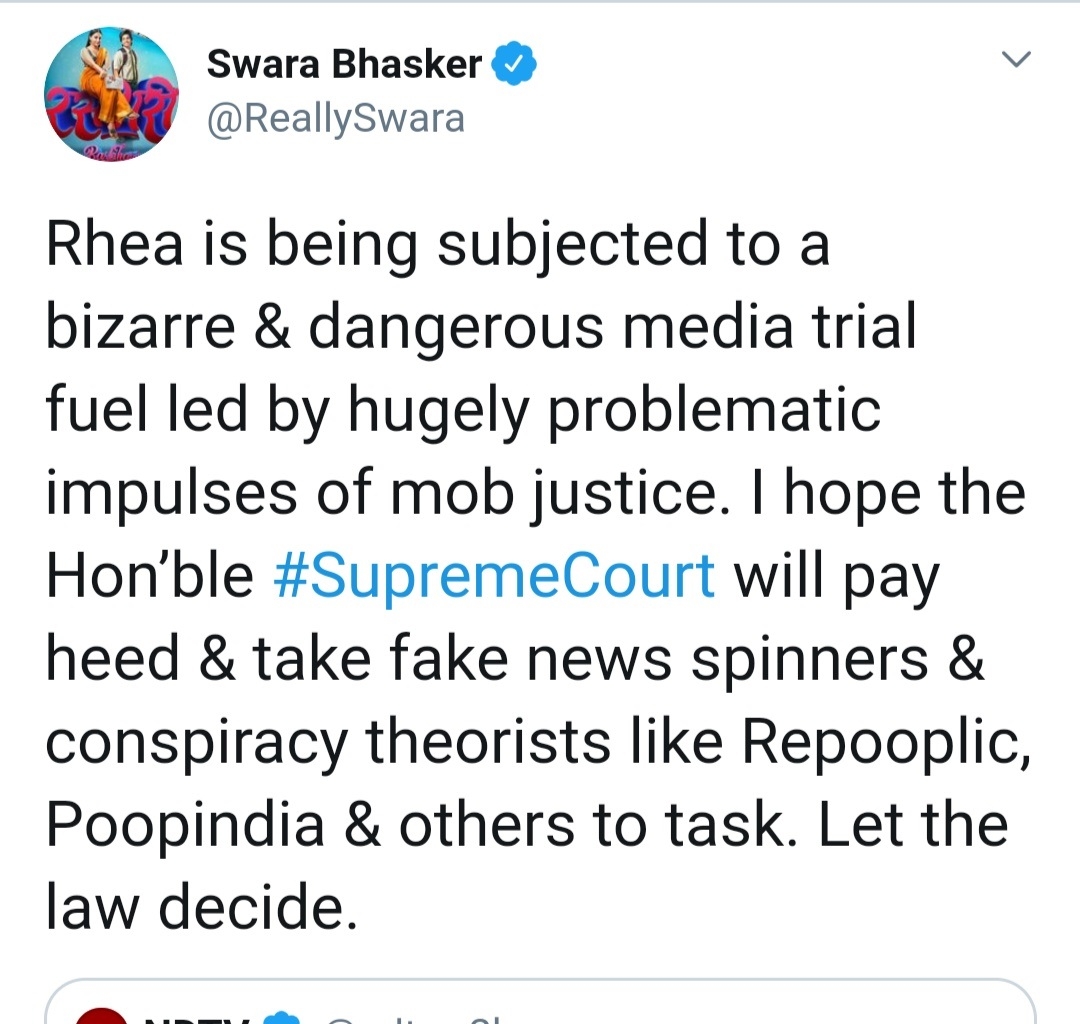 Rhea being subjected to a bizarre, dangerous media trial: Swara Bhasker.