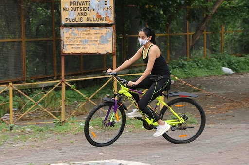 Mumbai: Actress Sonal Chauhan seen cycling at Andheri in Mumbai on Aug 10, 2020. (Photo: IANS)