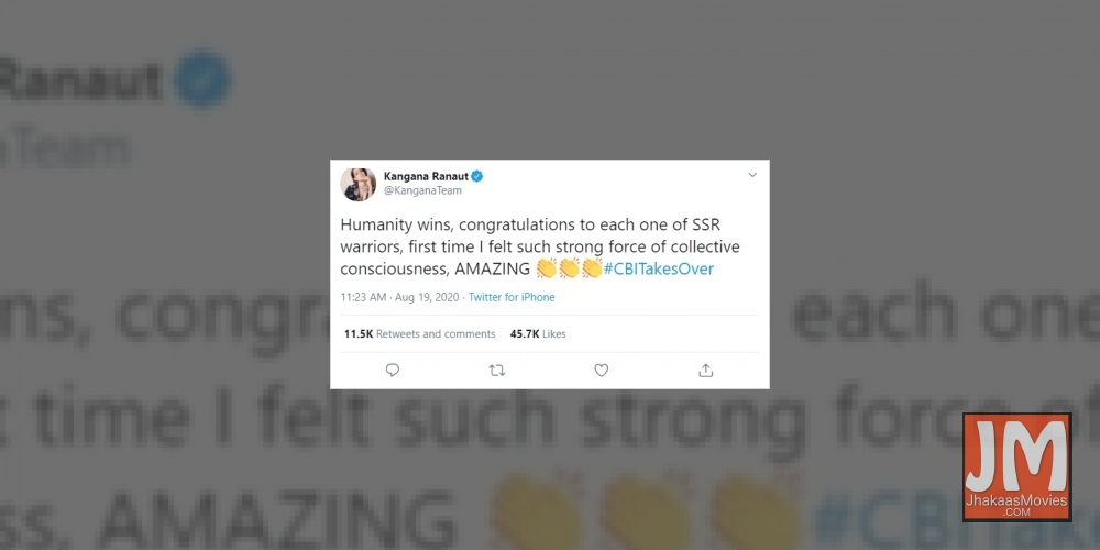 Kangana Ranaut: 'Congratulations to each one of SSR warriors'