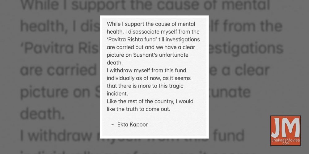 Ekta Kapoor dissociates herself from Pavitra Rishta Fund for mental health