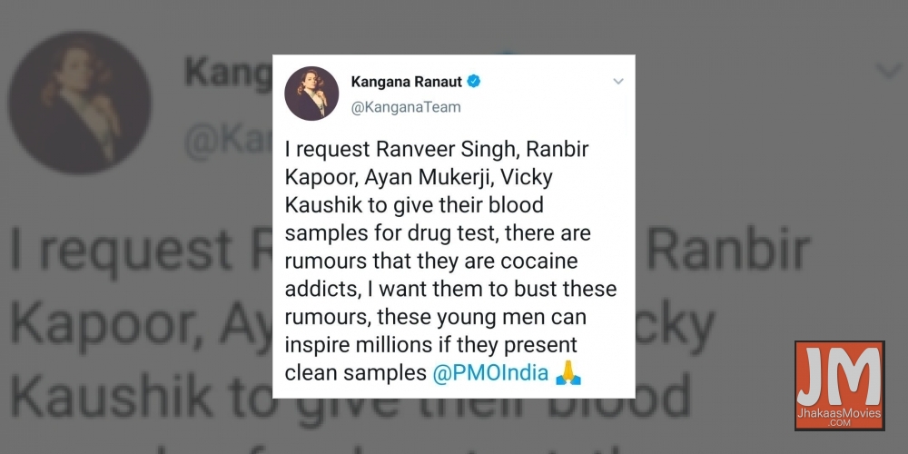 Kangana: Request Ranveer, Ranbir, Ayan Mukerji, Vicky Kaushik to give blood sample for drug test