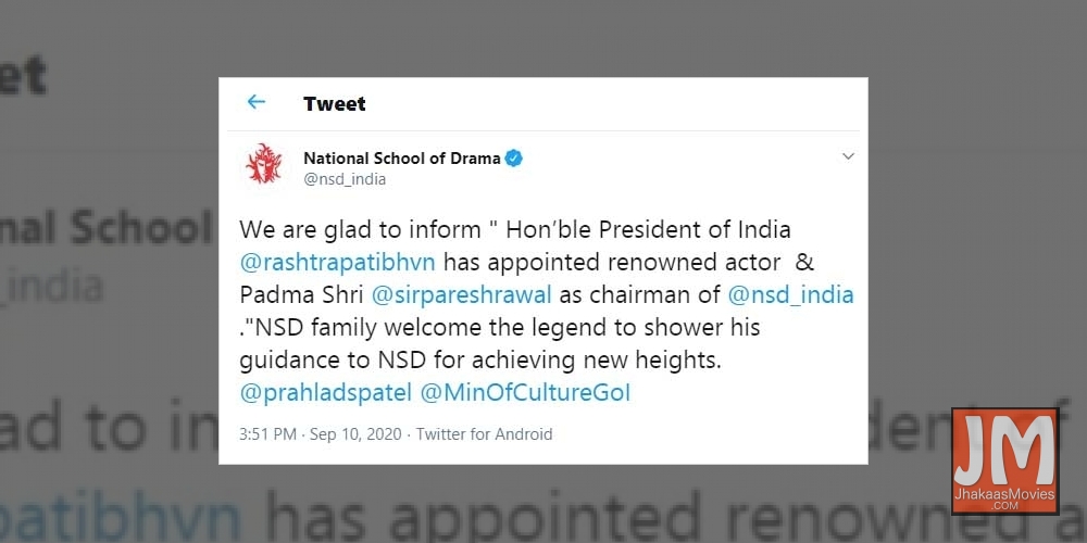 Paresh Rawal appointed National School of Drama chairman.