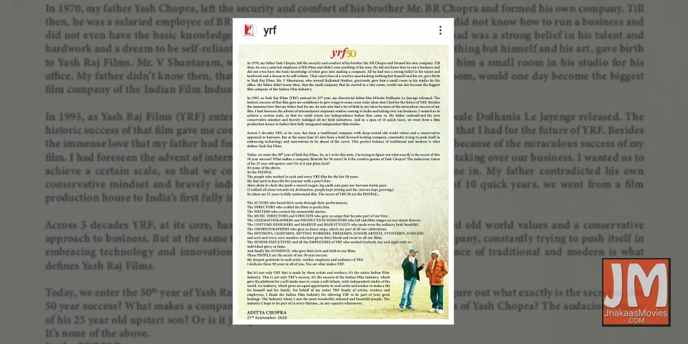 50 yrs of YRF: Aditya Chopra remembers father Yash Chopra.