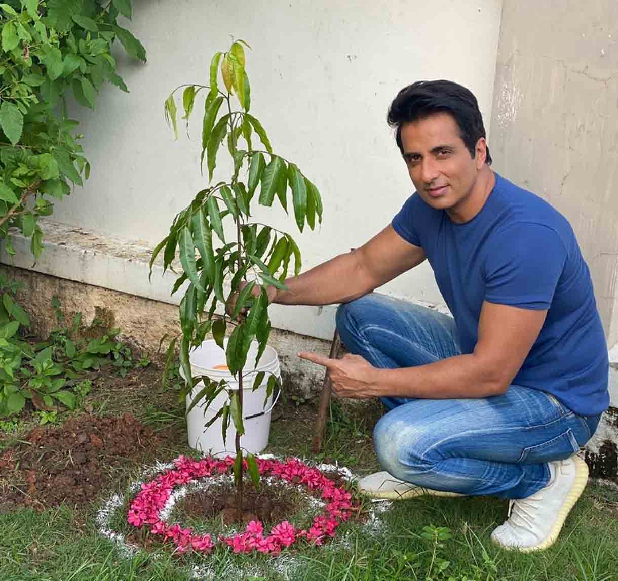 Hyderabad: Film actor Sonu Sood accepted the Green India Challenge given by director Srinu Vaitla and planted saplings at Ramoji Film City in Hyderabad on Sep 29, 2020. While appreciating the efforts taken up by Rajya Sabha MP Joginpally Santosh Kumar, Sonu Sood opined that post Covid, saving the environment has come to the center stage. He also stated that everyone should become part of saving the environment by planting saplings and nurturing them. (Photo: IANS)