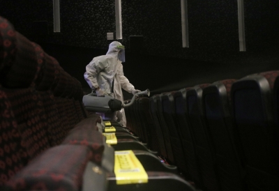 New Delhi: Sanitisation drive underway at the INOX cinema hall in New Delhi on Oct 13, 2020. Cinema halls in the national capital shall reopen from October 15 amid the Covid-19 pandemic as part of Unlock 5.0. (Photo: IANS)