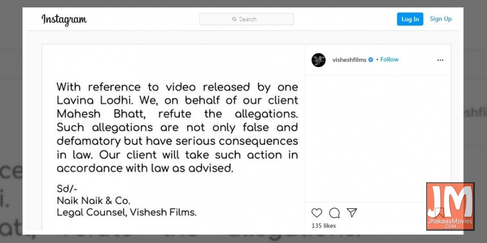 Mahesh Bhatt to take legal action against Luviena Lodh over video alleging harrassment.