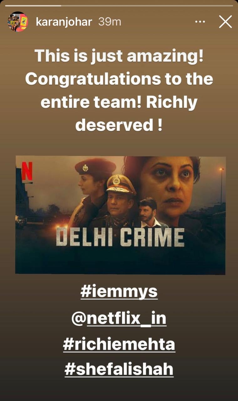 Bollywood congratulated team 'Delhi Crime' on international Emmy win.