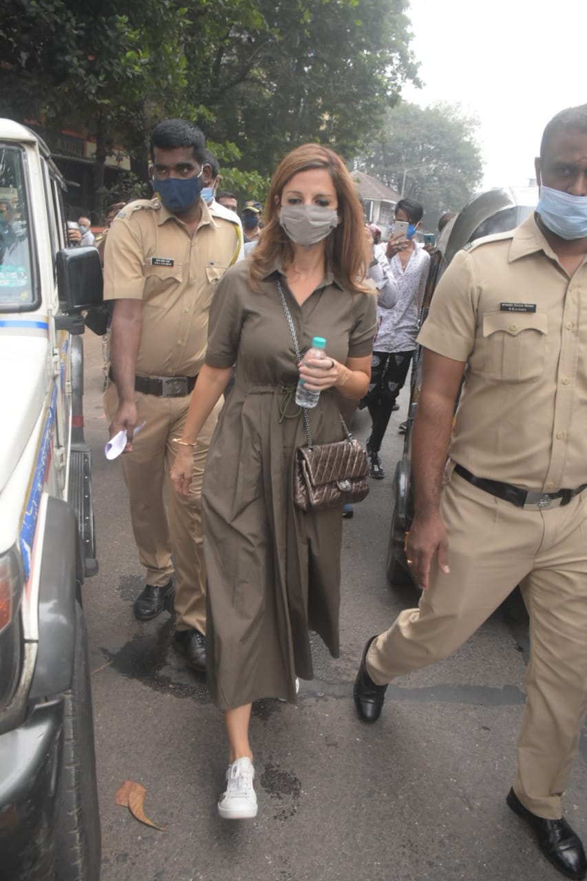 Mumbai: Interior designer and Bollywood actor Hrithik Roshan's ex-wife Sussanne Khan seen at Bandra police station in Mumbai on Dec 12, 2020. Sussanne was accompanied by her team and police officials as she made her way to the police station to monitor its re-construction. (Photo: IANS)
