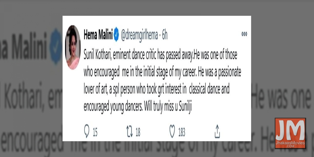 Hema Malini mourns loss of dance historian Sunil Kothari