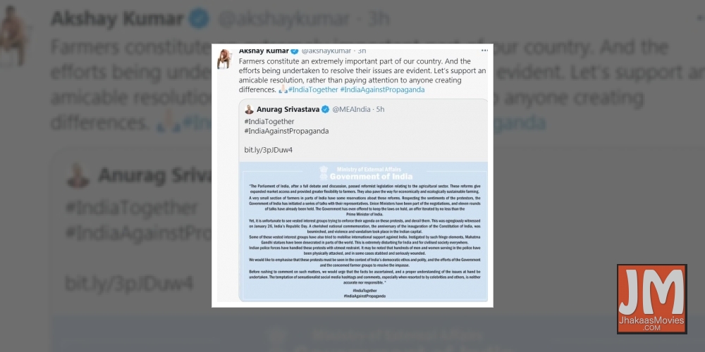 Bollywood celebrities Akshay Kumar, Ajay Devgn, Karan Johar and Suniel Shetty on Wednesday came out and spoken about the ongoing protest by farmers. The actors have urged people not to fall for false propaganda against India