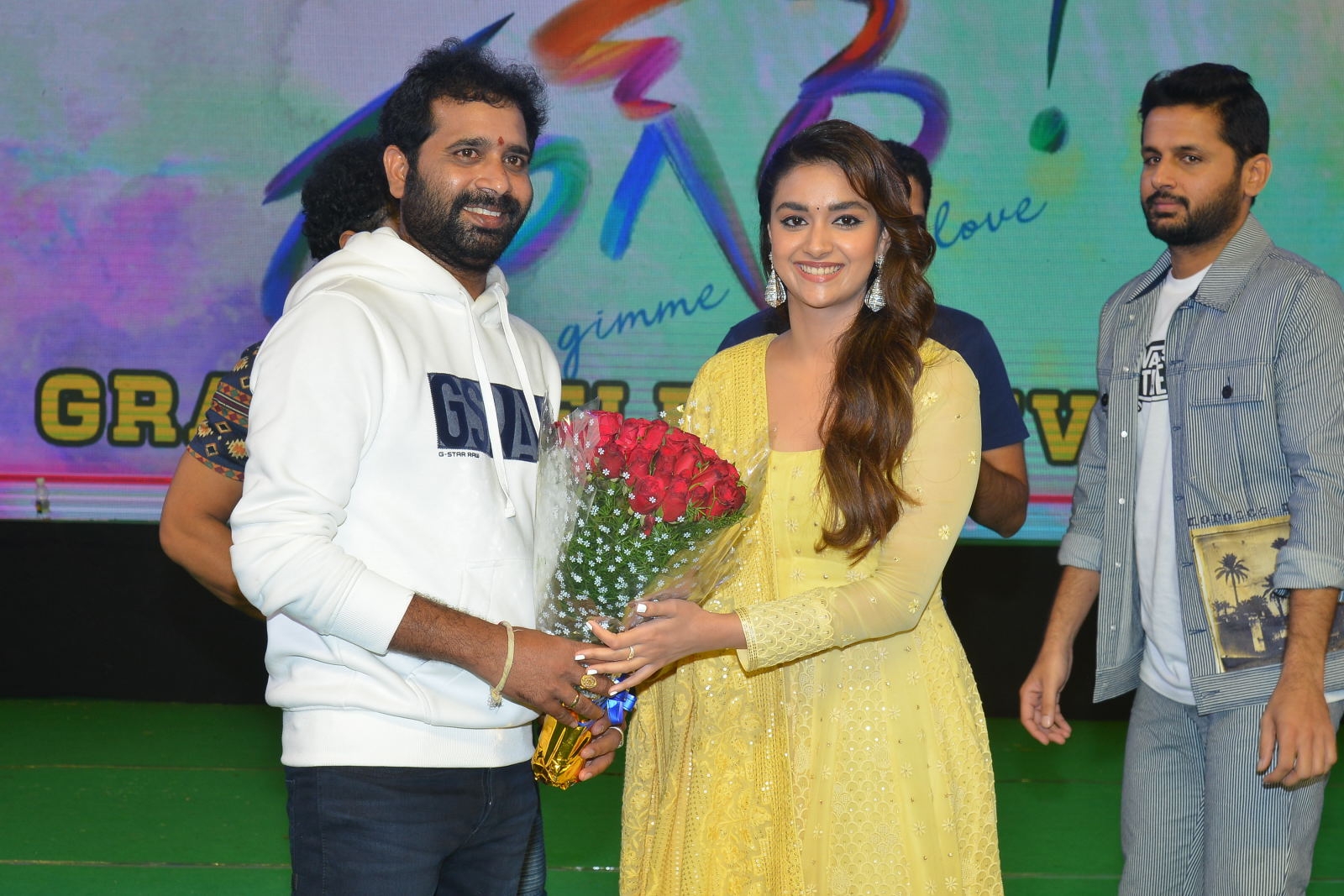 Nitin, Keerhi Suresh acted Rang De Movie Pre Release Event held at Rajahmundry of Andhra Pradesh(Photo: IANS)