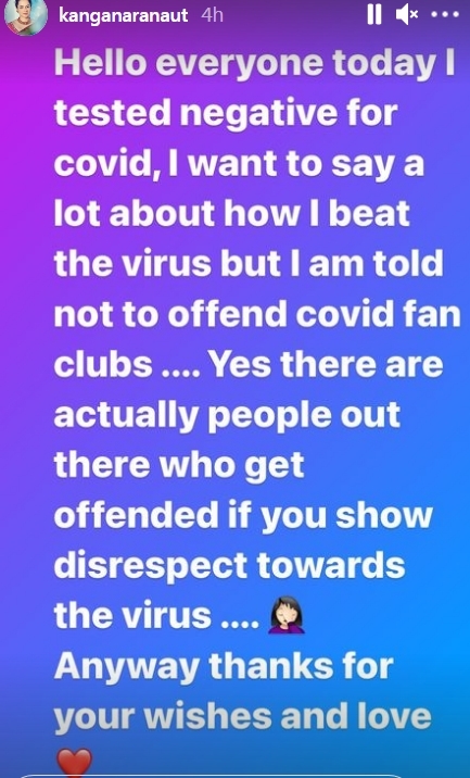 Kangana Ranaut tests negative for Covid.(photo:Instagram)