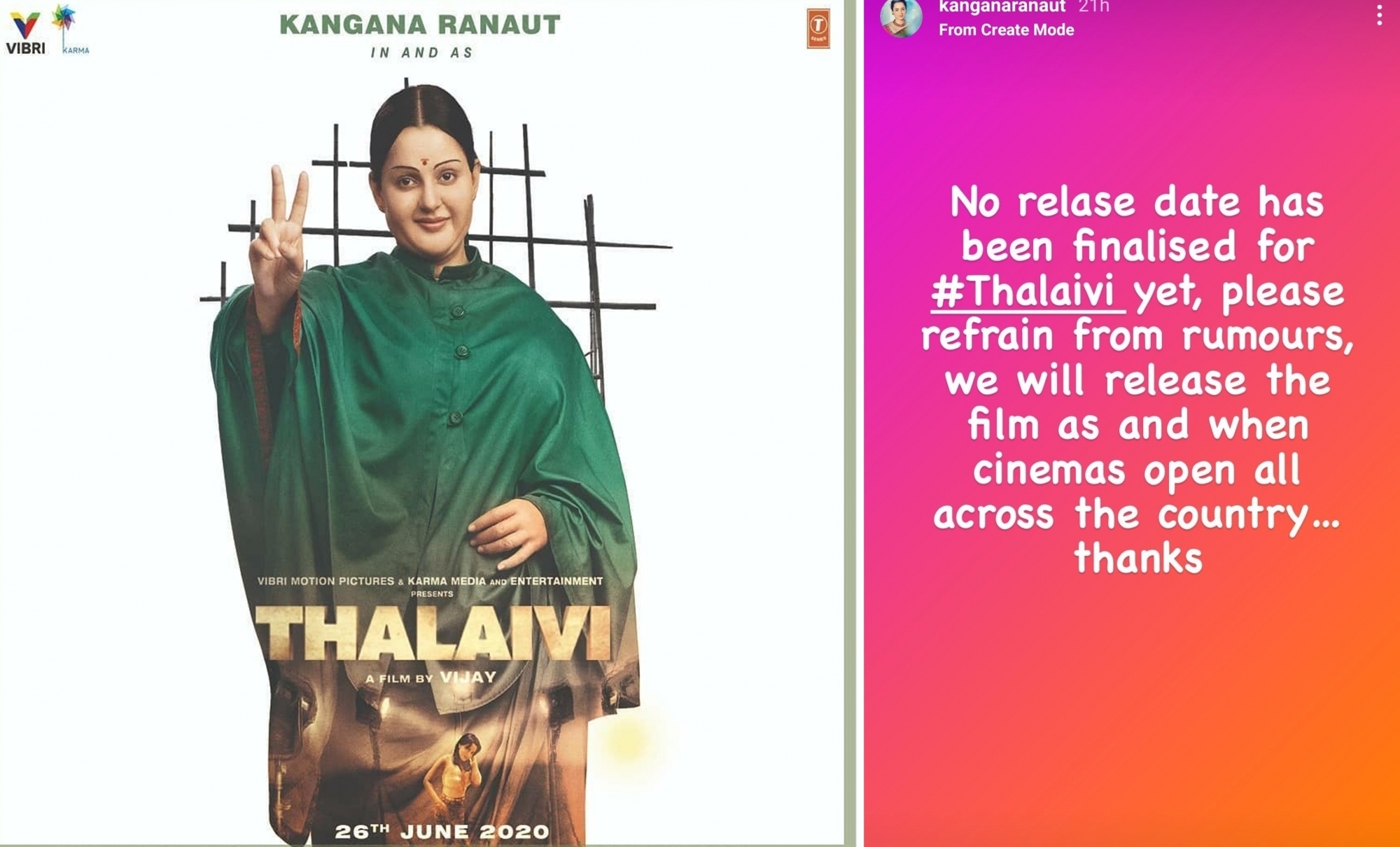 Kangana Ranaut: "Thalaivi" will release when cinemas open all across the country.(photo:Instagram)