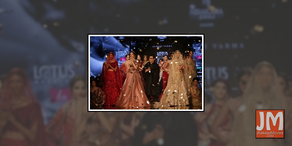 New Delhi: Models showcase a creation of fashion designer Suneet Varma on the second day of Lotus India Fashion Week in New Delhi, on March 14, 2019.