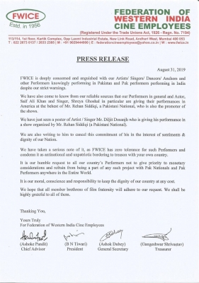 Singer-actor Diljit Dosanjh, who was scheduled to perform in the US on September 21 at a show promoted by Pakistani national Rehan Siddiqi, has been asked by the Federation of Western India Cine Employees (FWICE) to ÃƒÂ¢Ã‚Â€Ã‚Âœcancel his commitment in the interest of sentiments and dignity