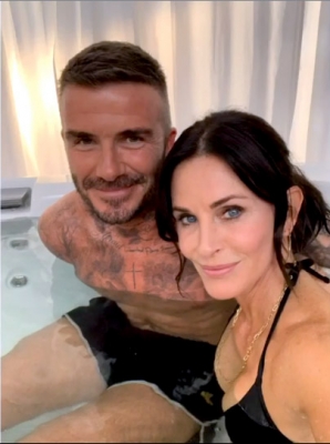 Actress Courtney Cox posted two photographs on social media with former football superstar David Beckham on the set of 