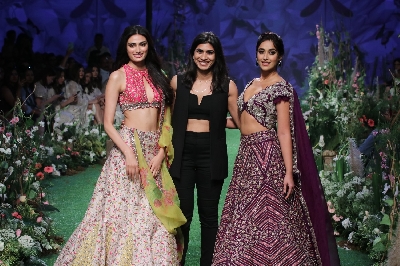 Mumbai: Actressess Ileana D'Cruz and Athiya Shetty walks the ramp on Day 6 of the Lakme Fashion Week Summer/Resort 2020, in Mumbai on Feb 16, 2020. (Photo: IANS)