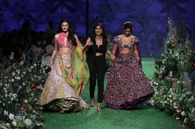 Mumbai: Actressess Ileana D'Cruz and Athiya Shetty walks the ramp on Day 6 of the Lakme Fashion Week Summer/Resort 2020, in Mumbai on Feb 16, 2020. (Photo: IANS)