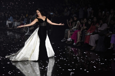 Mumbai: Actress Nora Fatehi showcases the creation of Fashion designer Gaurangi & Nainika at the Lakme Fashion Week Summer/Resort 2020, in Mumbai on Feb 14, 2020. (Photo: IANS)