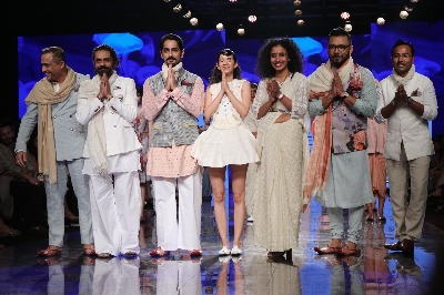 Mumbai: Actor Siddharth Suryanarayan with other models who walked the ramp for 'House Of Three X Tantajo', on Day 3 of the Lakme Fashion Week Summer/Resort 2020, in Mumbai on Feb 13, 2020. (Photo: IANS)