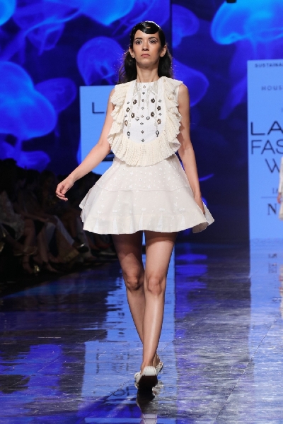 Mumbai: A model walks the ramp for 'House Of Three X Tantajo' on Day 3 of the Lakme Fashion Week Summer/Resort 2020, in Mumbai on Feb 13, 2020. (Photo: IANS)