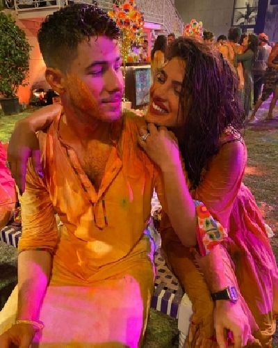 American singer Nick Jonas celebrated his first Holi with his wife Priyanka Chopra and her famous friends, including Bollywood actress Katrina Kaif, five days early, 