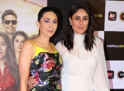 Mumbai: Actress Karisma Kapoor with her sister Kareena Kapoor at the screening of her upcoming web series "Mentalhood" in Mumbai on March 7, 2020. (Photo: IANS)