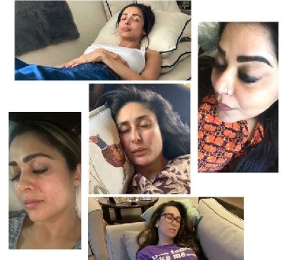 Bollywood divas Kareena Kapoor Khan, Karisma Kapoor, Malaika Arora and Amrita Arora are setting serious friendship goals with their new post on social media. Kareena on Tuesday took to Instagram, where she shared a photo-collage of her girl gang -- Karisma, Malaika, Amrita and Malika Bhat -- resting with their eyes closed while in self-quarantine.